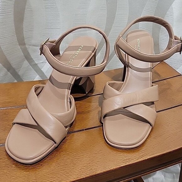 Kenneth Cole Nude Lessia Criss Cross Strappy Leather Open Toe Block Heel Sandals - Picture 1 of 7